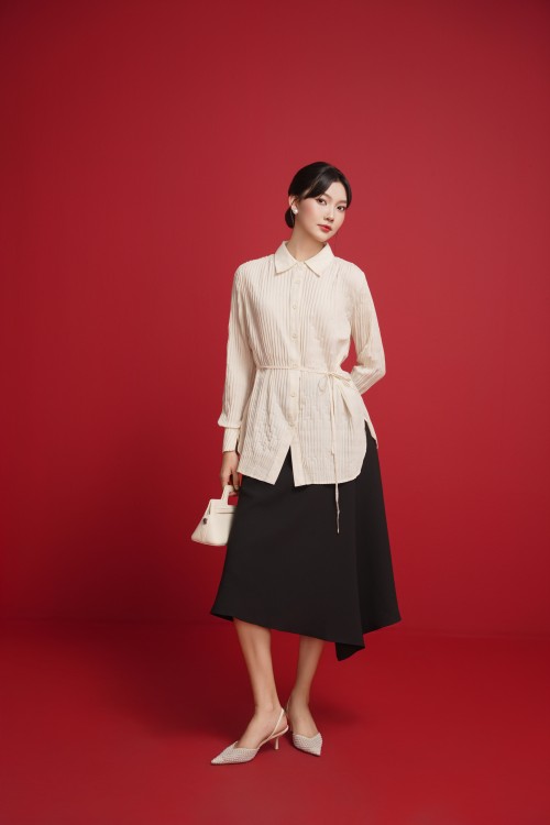 Sixdo Cream Pleated Woven Shirt